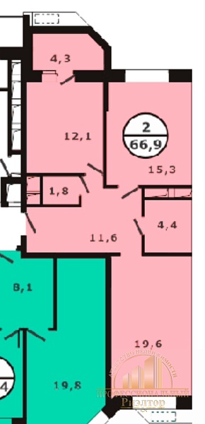2-к квартира, 66 кв.м.